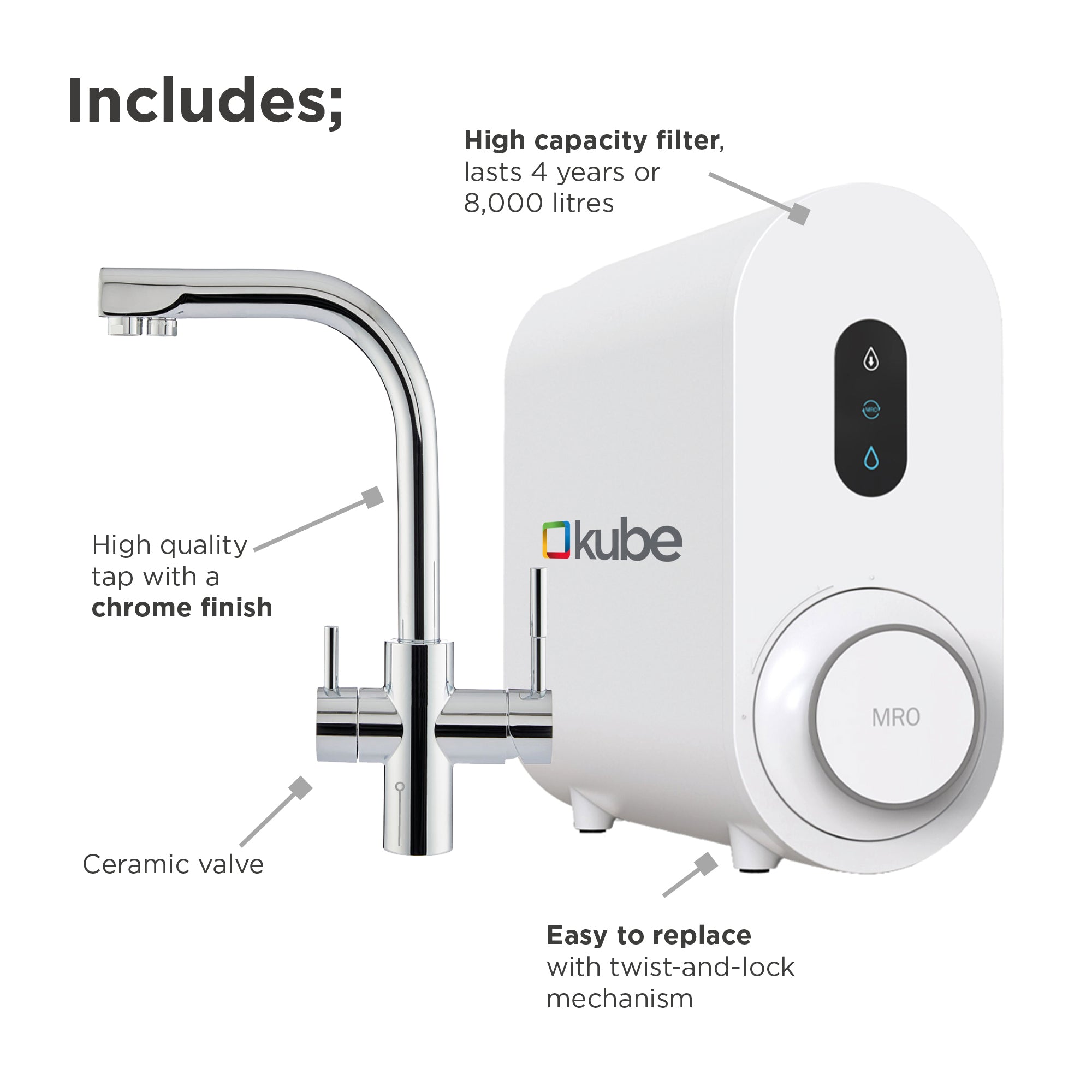 eKube Reverse Osmosis Drinking Water System + 3-way Tap